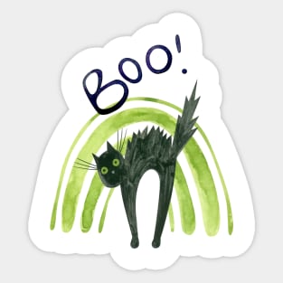 Halloween Green Rainbow and Black Cat Watercolor Sticker